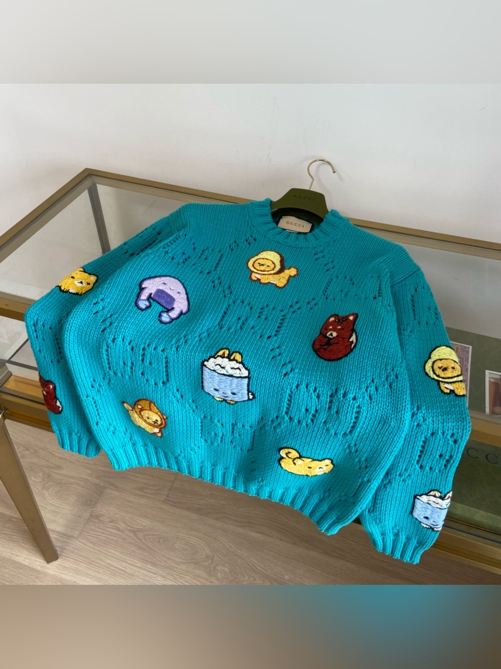 Gucci Turquoise Cartoon Animal Embroidered Open‑Knit Crewneck Sweater